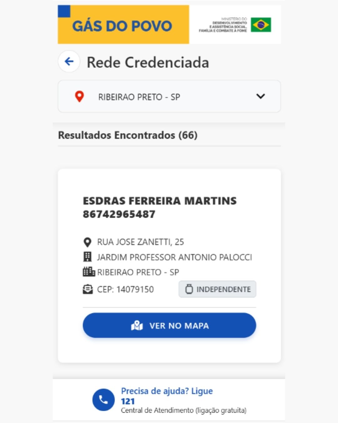 Resultado da busca de revendas credenciadas do Gás do Povo