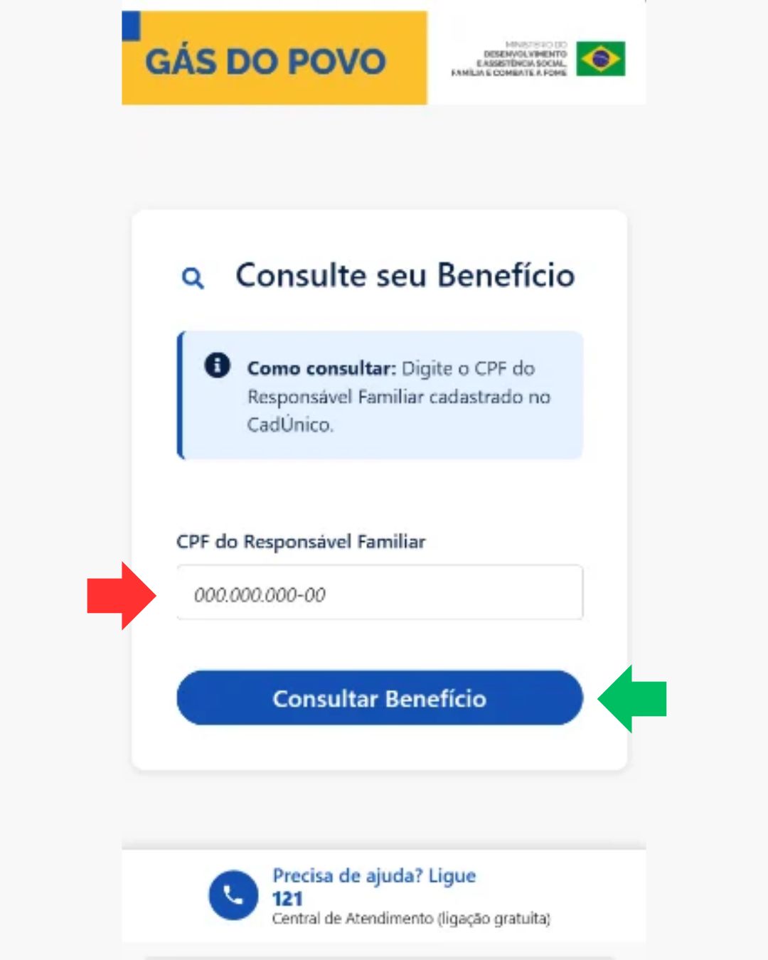 Campo de CPF e botão Consultar Benefício do Gás do Povo